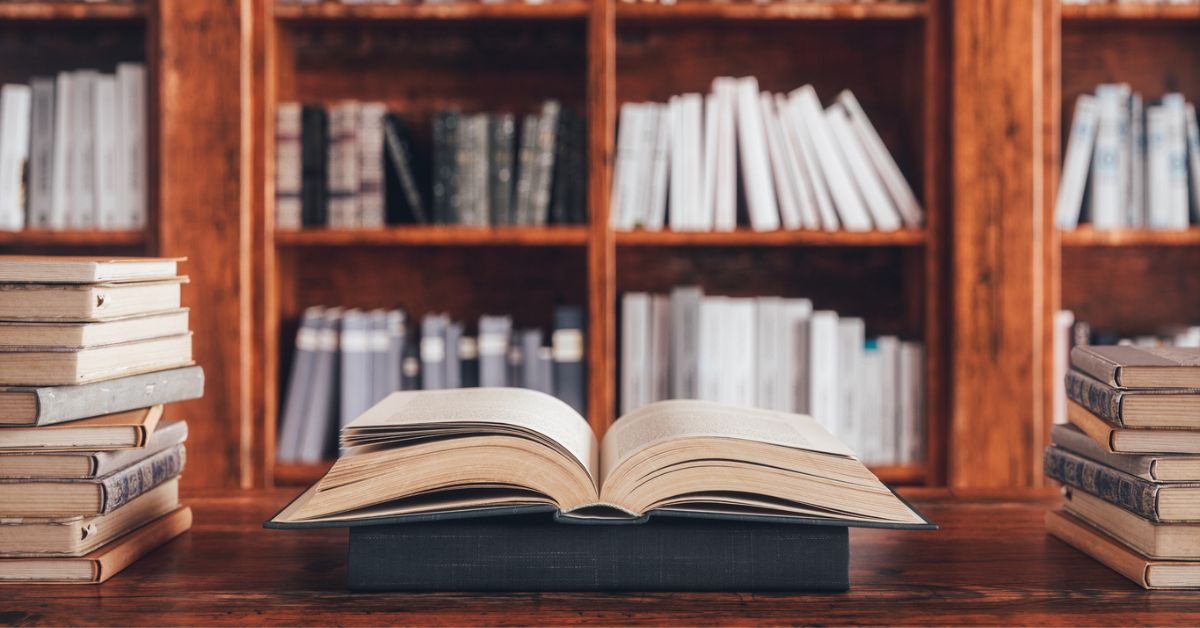 Photo of an open book on a desk